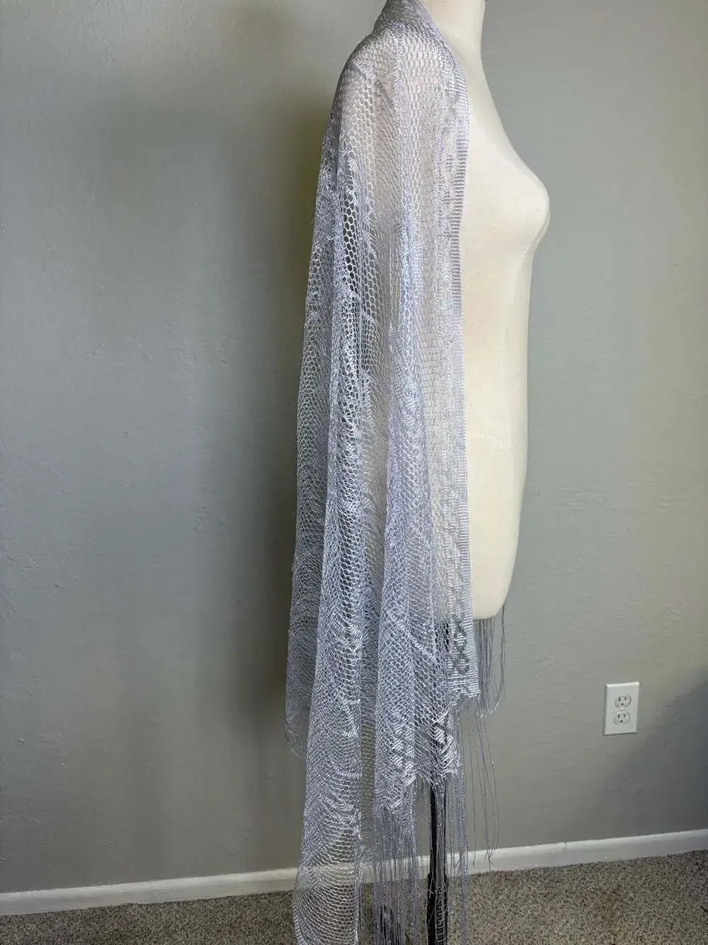 Silver Metallic Shimmer Lace Fringe Evening Shawl Wrap
